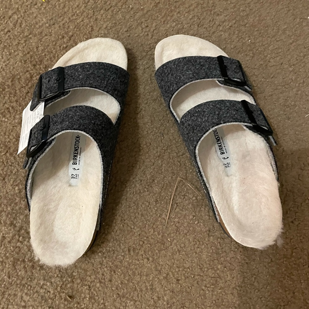 Gray fur lined Birkenstock
